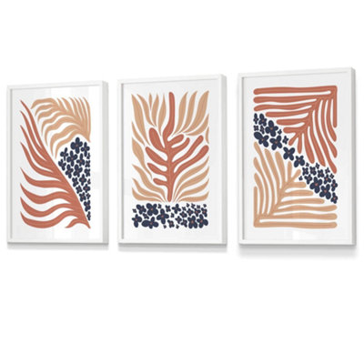 Set Of 3 Framed Framed Blue And Pink Boho Abstract Floral / 30X42Cm (A3) / White from B&Q