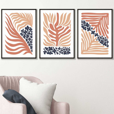 Set Of 3 Framed Framed Blue And Pink Boho Abstract Floral / 42X59Cm (A2) / Black from B&Q