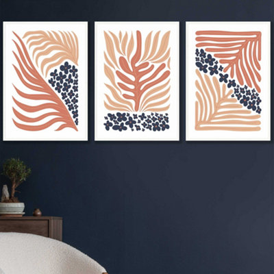 Set Of 3 Framed Framed Blue And Pink Boho Abstract Floral / 42X59Cm (A2) / White from B&Q