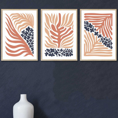 Set Of 3 Framed Framed Blue And Pink Boho Abstract Floral / 42X59Cm (A2) / Oak from B&Q