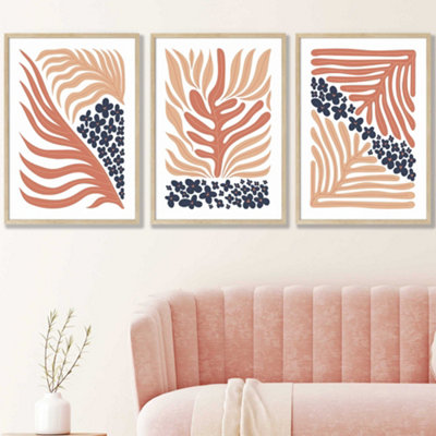 Set Of 3 Framed Framed Blue And Pink Boho Abstract Floral / 50X70Cm / Oak from B&Q