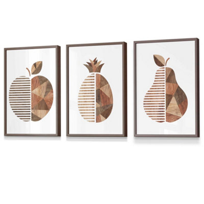 Set Of 3 Framed  Framed Geometric Wood Grain Effect Fruit / 42X59Cm (A2) / Walnut from B&Q