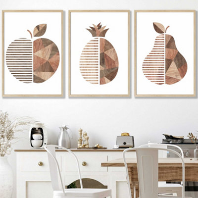 Set Of 3 Framed  Framed Geometric Wood Grain Effect Fruit / 50X70Cm / Oak from B&Q