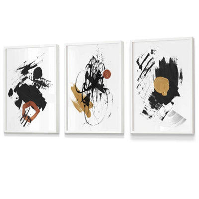 Set Of 3 Framed Framed Abstract BlackYellowOrange Oil Strokes / 30X42Cm (A3) / White from B&Q