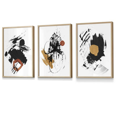 Set Of 3 Framed Framed Abstract BlackYellowOrange Oil Strokes / 30X42Cm (A3) / Oak from B&Q