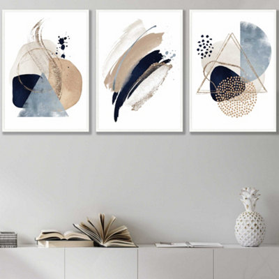 Set Of 3 Framed  Framed Abstract Blue Beige Watercolour Shapes / 42X59Cm (A2) / White from B&Q