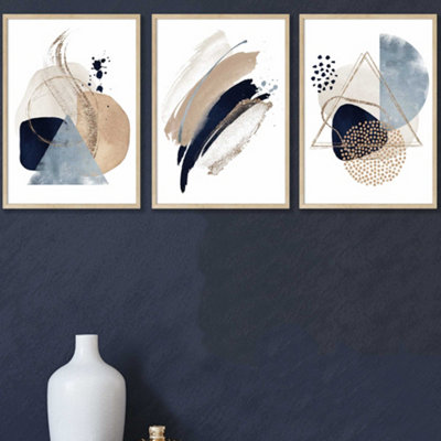 Set Of 3 Framed  Framed Abstract Blue Beige Watercolour Shapes / 42X59Cm (A2) / Oak from B&Q