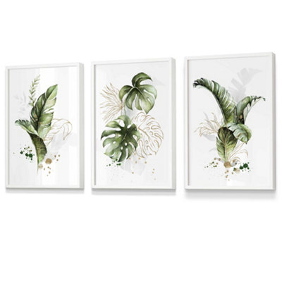 Set Of 3 Framed  Framed Green And Gold Botanical Leaves / 30X42Cm (A3) / White from B&Q
