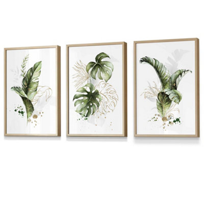 Set Of 3 Framed  Framed Green And Gold Botanical Leaves / 30X42Cm (A3) / Oak from B&Q
