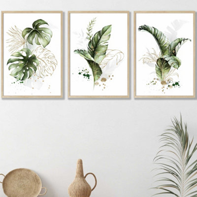 Set Of 3 Framed  Framed Green And Gold Botanical Leaves / 42X59Cm (A2) / Oak from B&Q