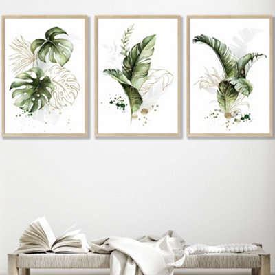 Set Of 3 Framed  Framed Green And Gold Botanical Leaves / 50X70Cm / Oak from B&Q
