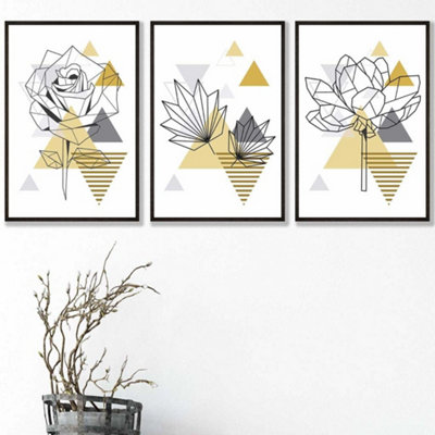 Artze Wall Art Set Of 3 Framed Yellow And Grey Geometric Flowers Wall Art Prints / 42X59Cm (A2) / Black Frame from B&Q