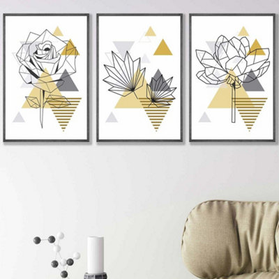Artze Wall Art Set Of 3 Framed Yellow And Grey Geometric Flowers Wall Art Prints / 42X59Cm (A2) / Dark Grey Frame from B&Q