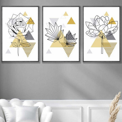 Artze Wall Art Set Of 3 Framed Yellow And Grey Geometric Flowers Wall Art Prints / 50X70Cm / Dark Grey Frame from B&Q