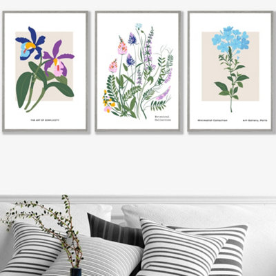 Set Of 3 Framed Vintage Graphical Colourful Wild Flower Market / 50X70Cm / Light Grey from B&Q