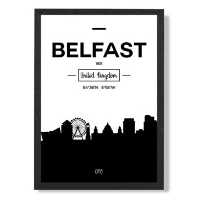 Artze Wall Art Belfast Black And White City Skyline Art Print With Black Frame Size: A4 from B&Q