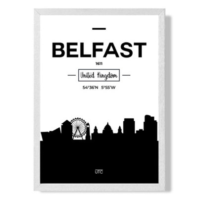 Artze Wall Art Belfast Black And White City Skyline Art Print With White Frame Size: A4 from B&Q