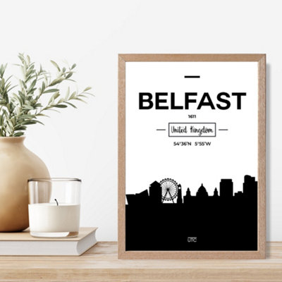Artze Wall Art Belfast Black And White City Skyline Framed Print Size: A4 With Oak Frame from B&Q