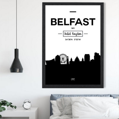Artze Wall Art Belfast Black And White City Skyline Framed Print Size: A2 With Black Frame from B&Q