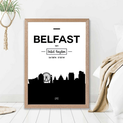 Artze Wall Art Belfast Black And White City Skyline Framed Print Size: A2 With Oak Frame from B&Q
