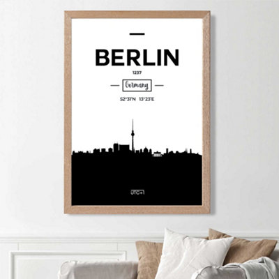 Artze Wall Art Berlin Black And White City Skyline Framed Print Size: A3 With Oak Frame from B&Q