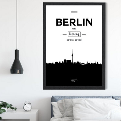 Artze Wall Art Berlin Black And White City Skyline Framed Print Size: A2 With Black Frame from B&Q