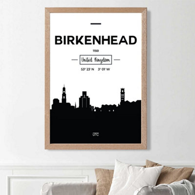 Artze Wall Art Birkenhead Black And White City Skyline Framed Print Size: A3 With Oak Frame from B&Q