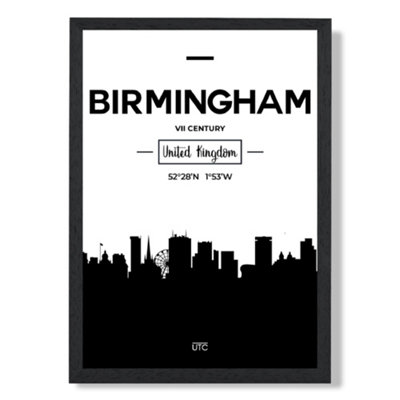 Artze Wall Art Birmingham Black And White City Skyline Art Print With Black Frame Size: A4 from B&Q