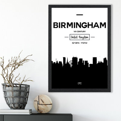 Artze Wall Art Birmingham Black And White City Skyline Framed Print Size: A3 With Black Frame from B&Q