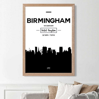 Artze Wall Art Birmingham Black And White City Skyline Framed Print Size: A3 With Oak Frame from B&Q