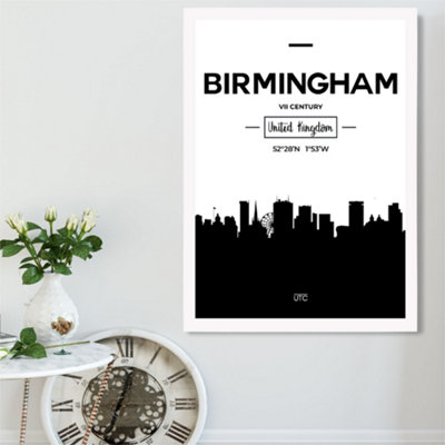 Artze Wall Art Birmingham Black And White City Skyline Framed Print Size: A2 With White Frame from B&Q