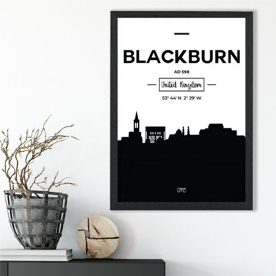 Artze Wall Art Blackburn Black And White City Skyline Framed Print Size: A3 With Black Frame from B&Q