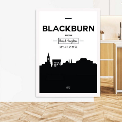 Artze Wall Art Blackburn Black And White City Skyline Framed Print Size: A3 With White Frame from B&Q
