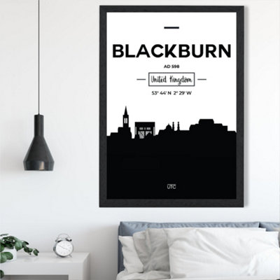 Artze Wall Art Blackburn Black And White City Skyline Framed Print Size: A2 With Black Frame from B&Q
