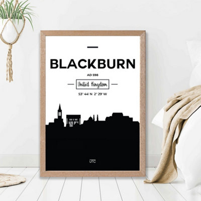 Artze Wall Art Blackburn Black And White City Skyline Framed Print Size: A2 With Oak Frame from B&Q