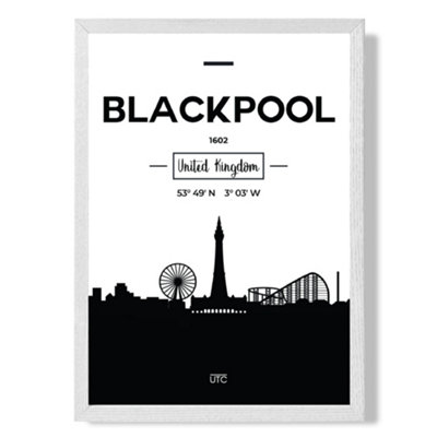 Artze Wall Art Blackpool Black And White City Skyline Art Print With White Frame Size: A4 from B&Q