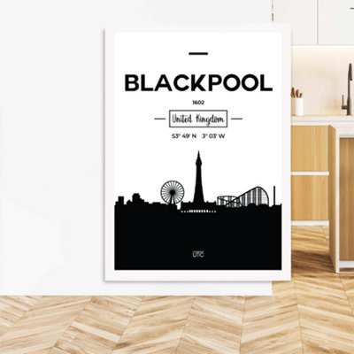 Artze Wall Art Blackpool Black And White City Skyline Framed Print Size: A3 With White Frame from B&Q