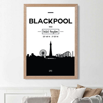 Artze Wall Art Blackpool Black And White City Skyline Framed Print Size: A3 With Oak Frame from B&Q