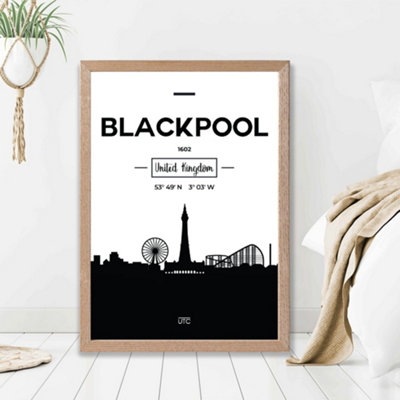 Artze Wall Art Blackpool Black And White City Skyline Framed Print Size: A2 With Oak Frame from B&Q