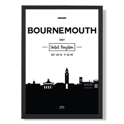 Artze Wall Art Bournemouth Black And White City Skyline Art Print With Black Frame Size: A4 from B&Q
