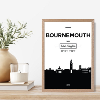 Artze Wall Art Bournemouth Black And White City Skyline Framed Print Size: A4 With Oak Frame from B&Q