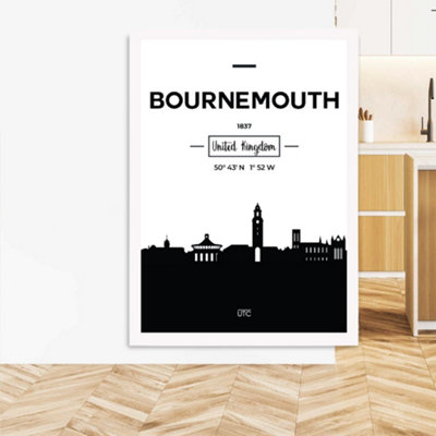 Artze Wall Art Bournemouth Black And White City Skyline Framed Print Size: A3 With White Frame from B&Q