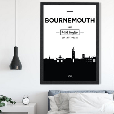 Artze Wall Art Bournemouth Black And White City Skyline Framed Print Size: A2 With Black Frame from B&Q