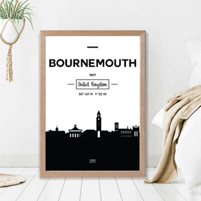 Artze Wall Art Bournemouth Black And White City Skyline Framed Print Size: A2 With Oak Frame from B&Q