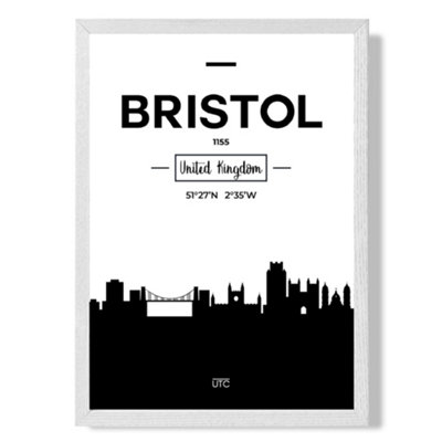 Artze Wall Art Bristol Black And White City Skyline Art Print With White Frame Size: A4 from B&Q