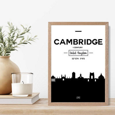 Artze Wall Art Cambridge Black And White City Skyline Framed Print Size: A4 With Oak Frame from B&Q
