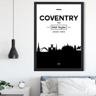 Artze Wall Art Coventry Black And White City Skyline Framed Print Size: A2 With Black Frame from B&Q