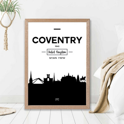 Artze Wall Art Coventry Black And White City Skyline Framed Print Size: A2 With Oak Frame from B&Q