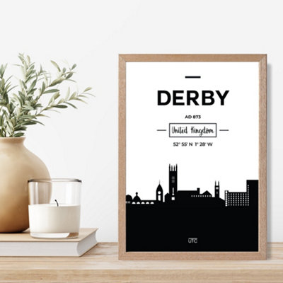 Artze Wall Art Derby Black And White City Skyline Framed Print Size: A4 With Oak Frame from B&Q