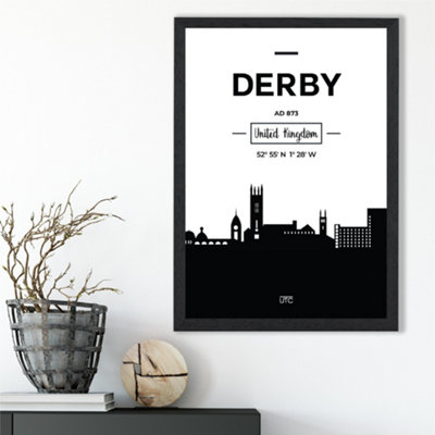 Artze Wall Art Derby Black And White City Skyline Framed Print Size: A3 With Black Frame from B&Q